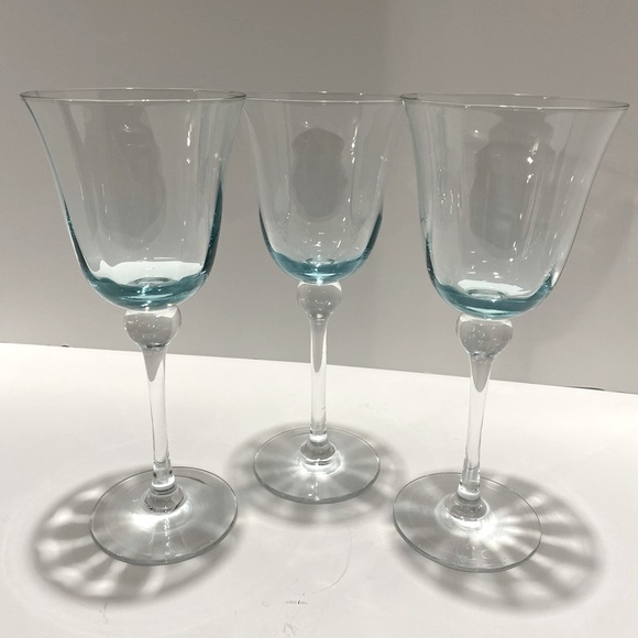 Vintage Optic Glass Wine Glasses Water Goblets Aqua Blue Set of 3 Clear Stems - Picture 4 of 5